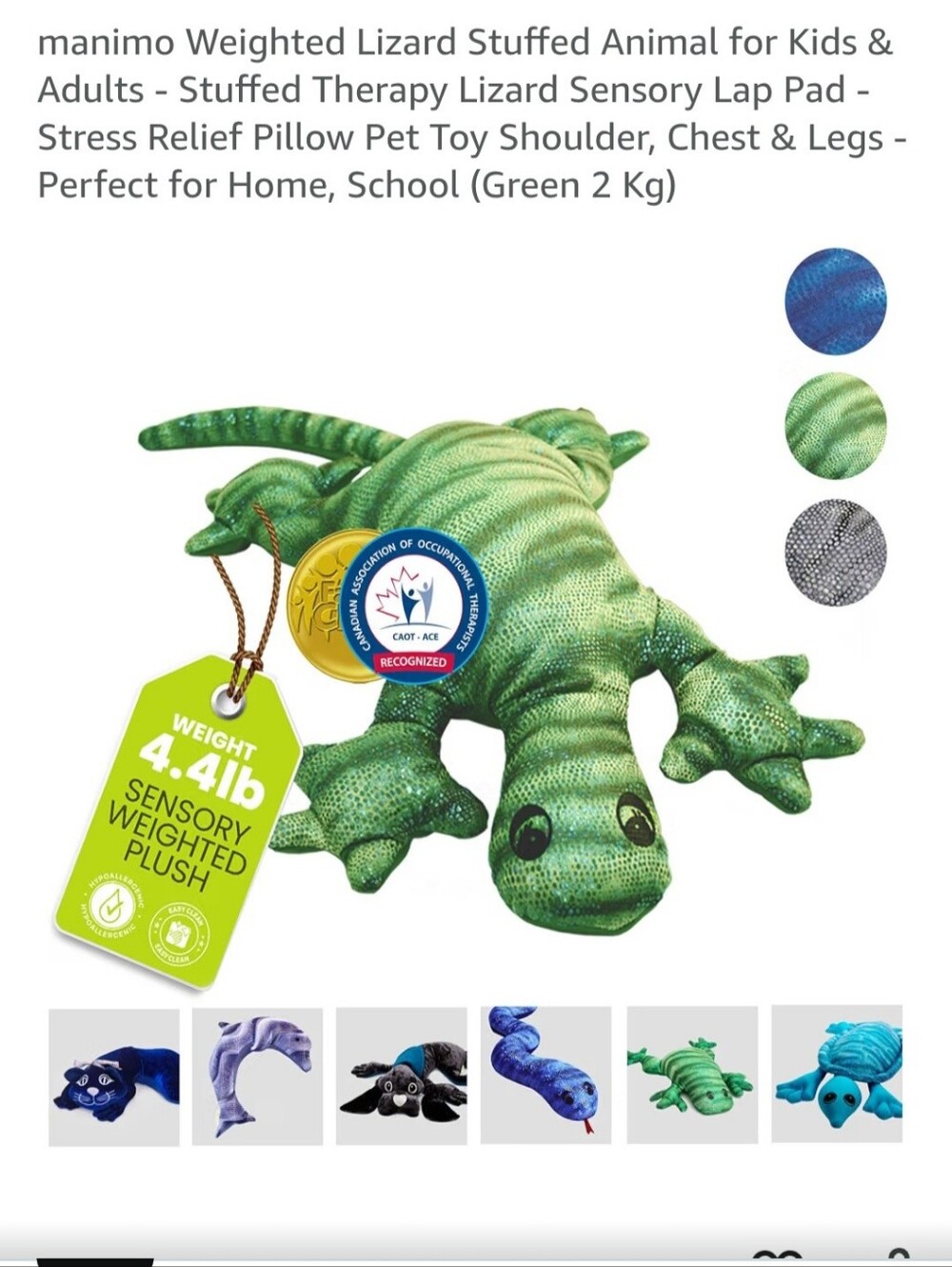 Manimo Weighted Lizard Sensory Plush Green